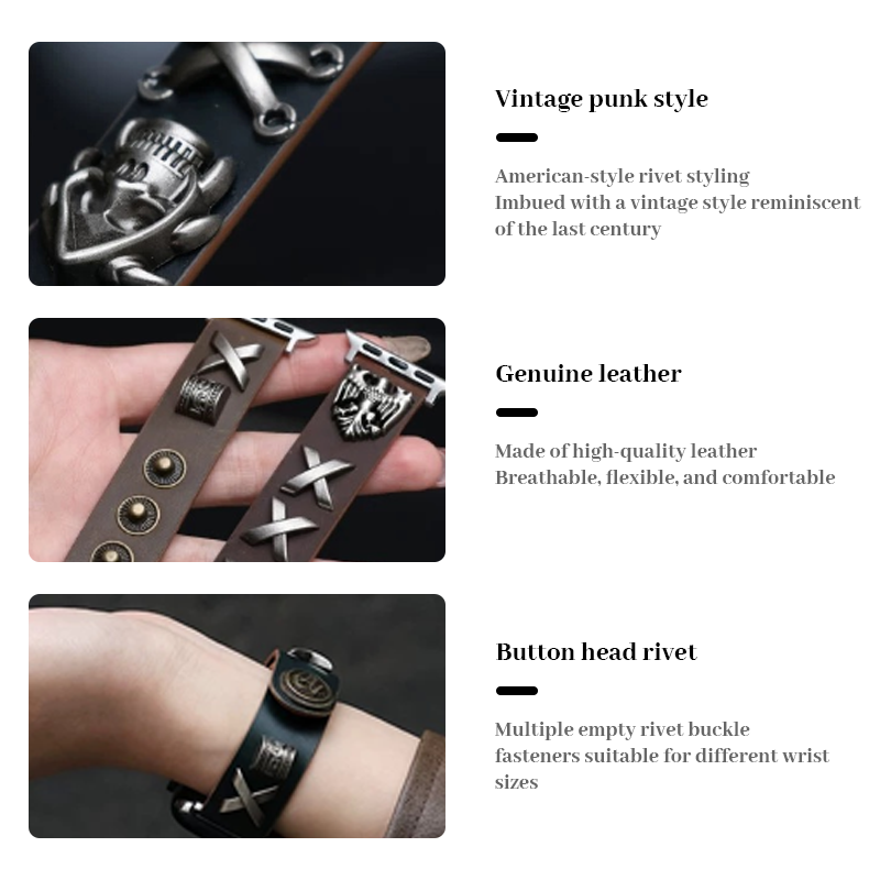 💀Retro punk studded skull leather watch strap⛓️