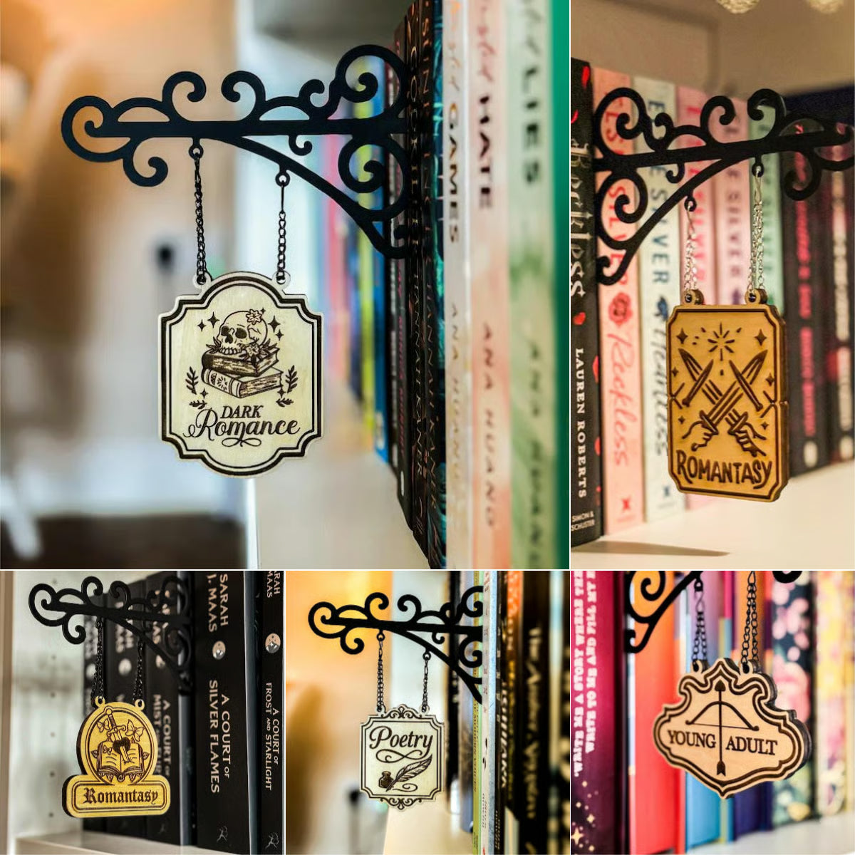 🔥LAST DAY 49% OFF-Book Nook Tavern Signs – Genre Shelf Labels with Hanging Brackets