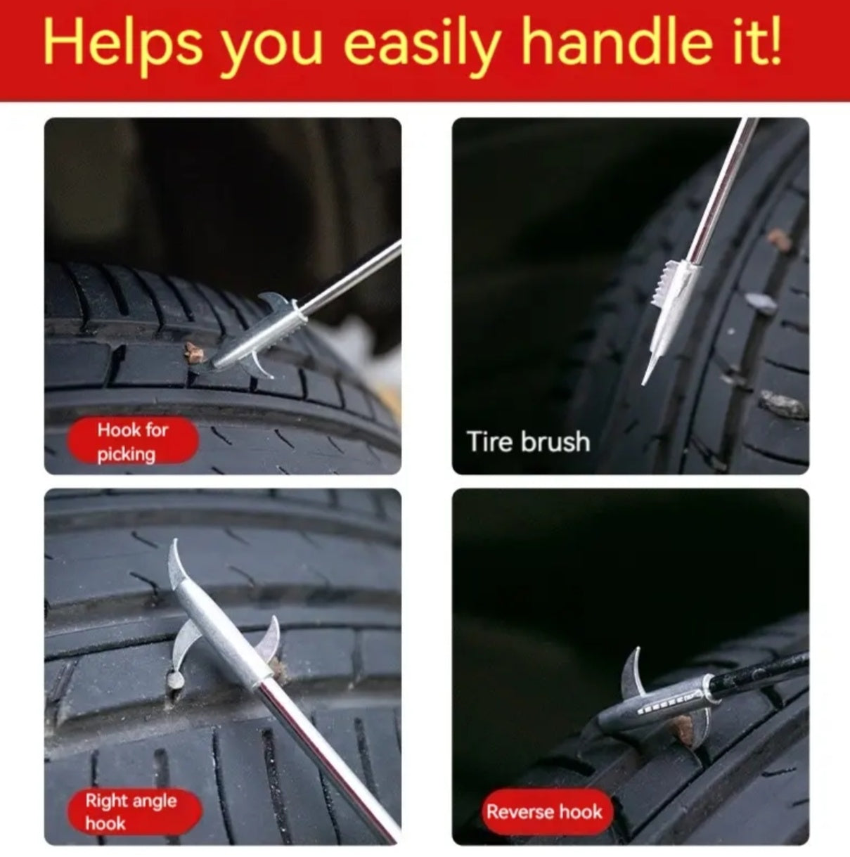 Multi-functional tire cleaning hook