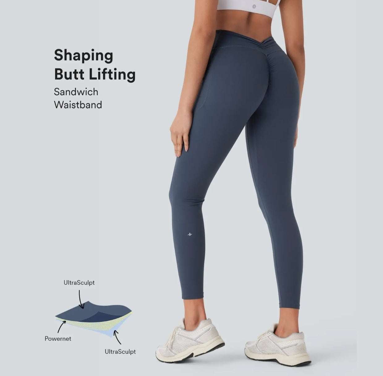 High-waisted yoga pants with a V-shaped waistline design that cinches the waist.