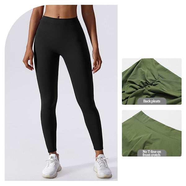 High-waisted yoga pants with a V-shaped waistline design that cinches the waist.