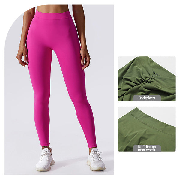 High-waisted yoga pants with a V-shaped waistline design that cinches the waist.