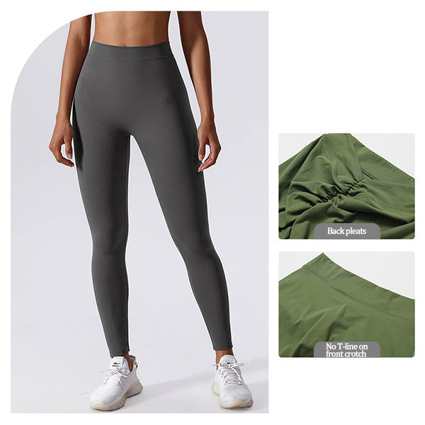 High-waisted yoga pants with a V-shaped waistline design that cinches the waist.