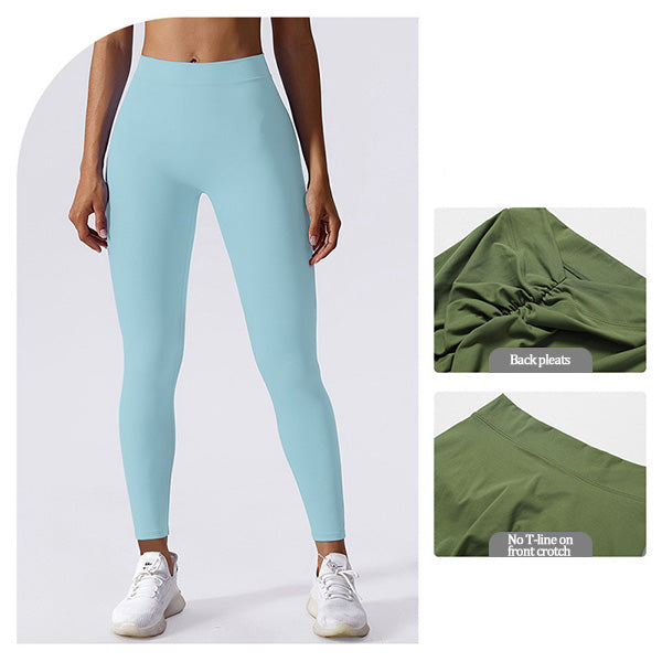 High-waisted yoga pants with a V-shaped waistline design that cinches the waist.
