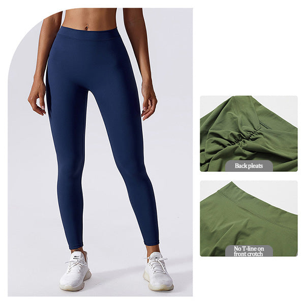 High-waisted yoga pants with a V-shaped waistline design that cinches the waist.